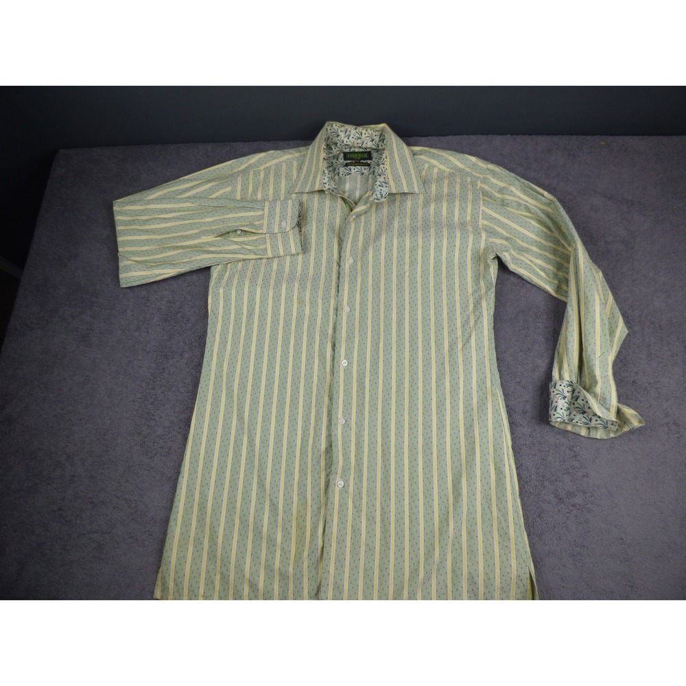 Inserch Icon Mens 2XL Jacquard Cotton Striped Button Down Shirt Green Yellow
